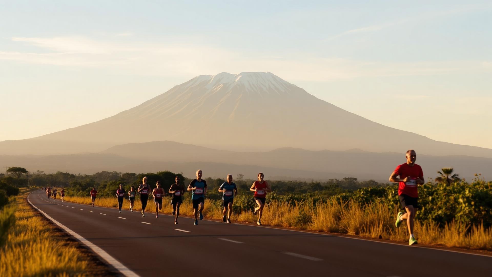 Runners crossing the start line at sunrise with Mount Meru behind